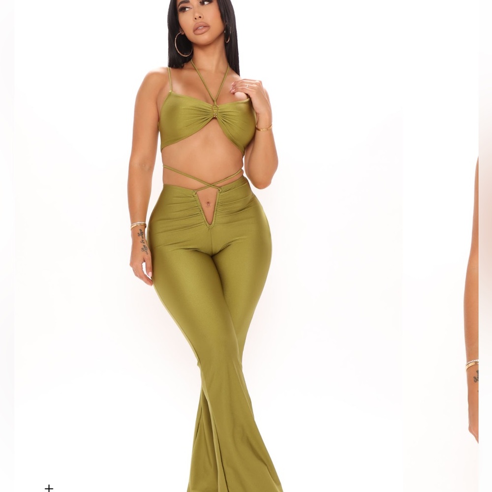 Fashion Nova Olive Green Flare Pant Set - Picture 3 of 3